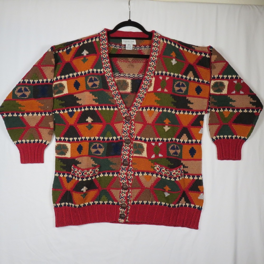 Roberta Frost Hand Knitted Cotton Cardigan Sweater Colorful‎ Patterned